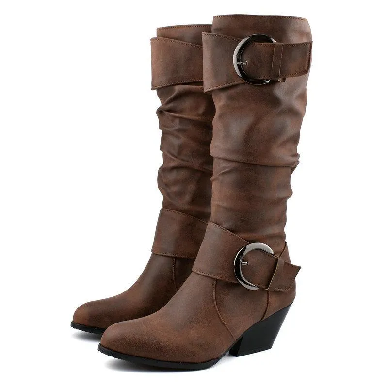 Women chunky high heel buckle strap motorcycle boots