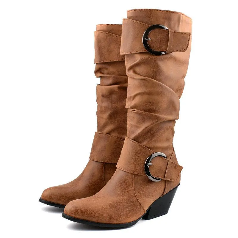 Women chunky high heel buckle strap motorcycle boots