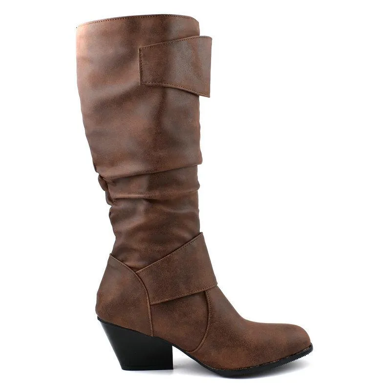 Women chunky high heel buckle strap motorcycle boots