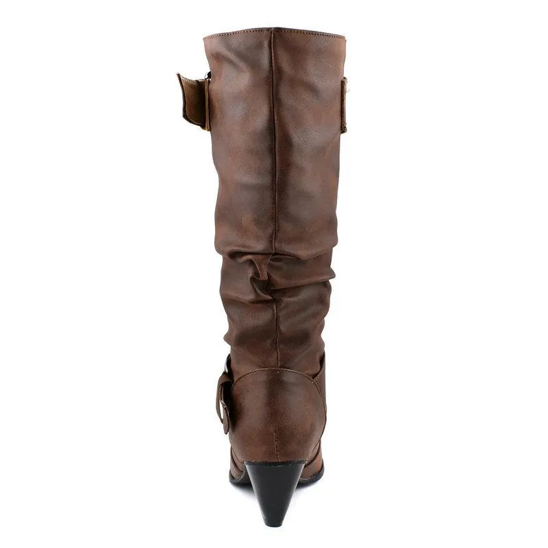 Women chunky high heel buckle strap motorcycle boots