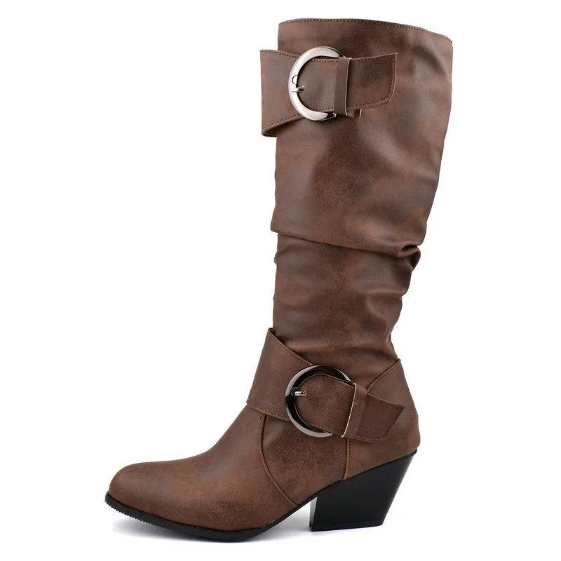 Women chunky high heel buckle strap motorcycle boots