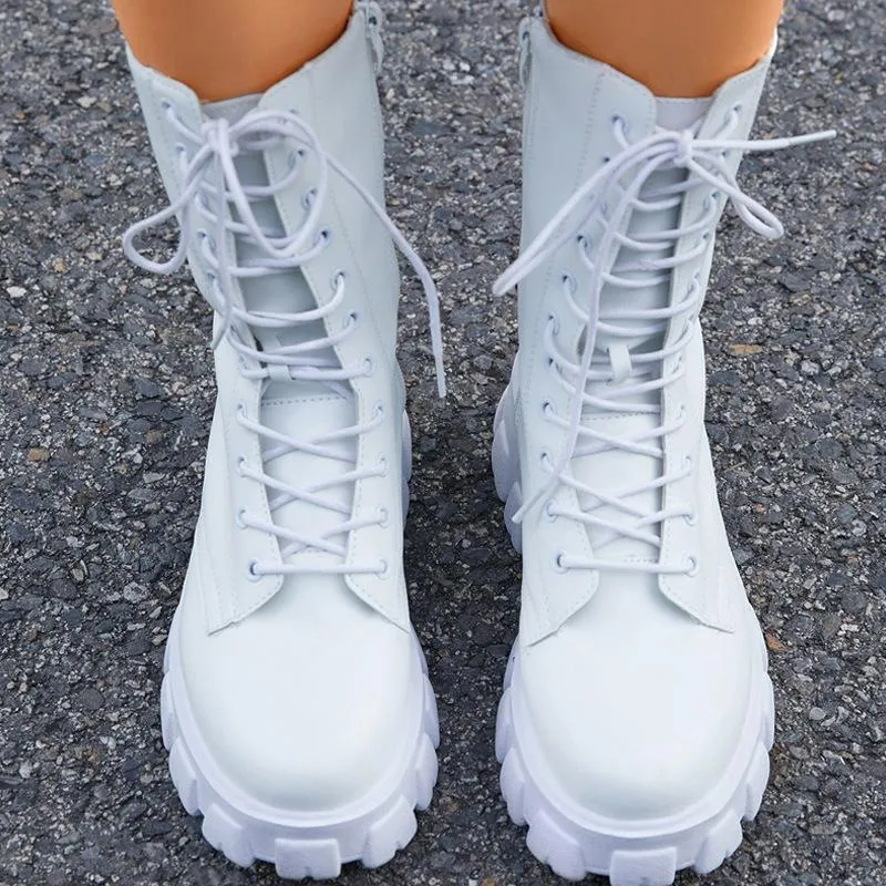 Women criss cross lace up side zipper chunky platform combat boots