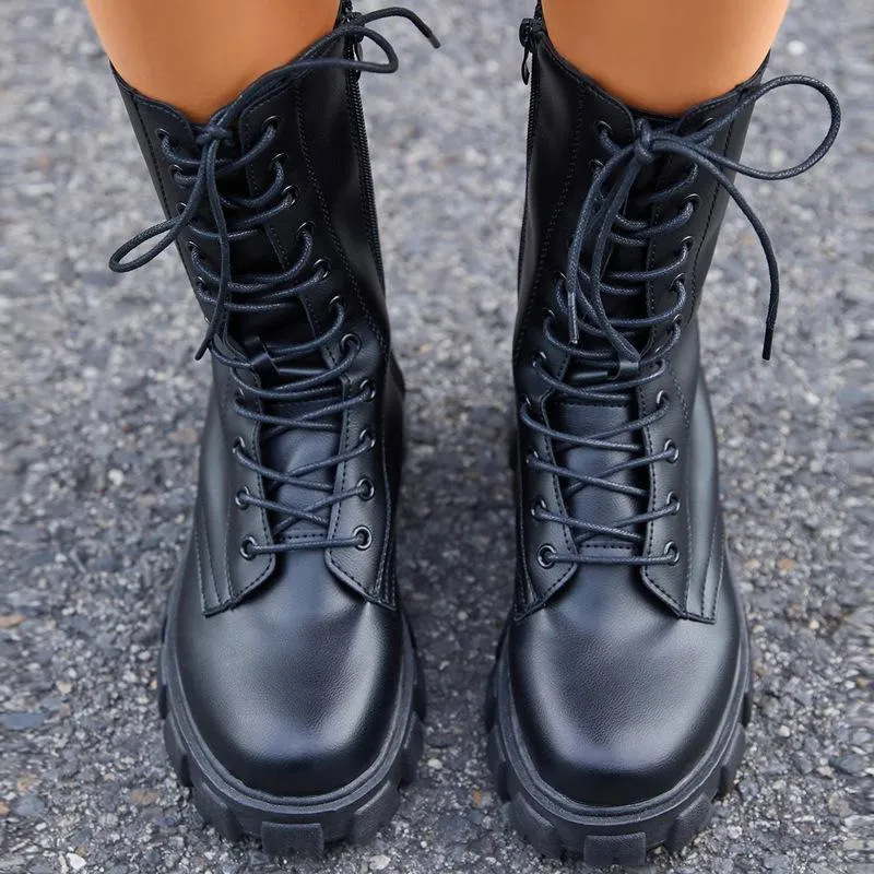 Women criss cross lace up side zipper chunky platform combat boots