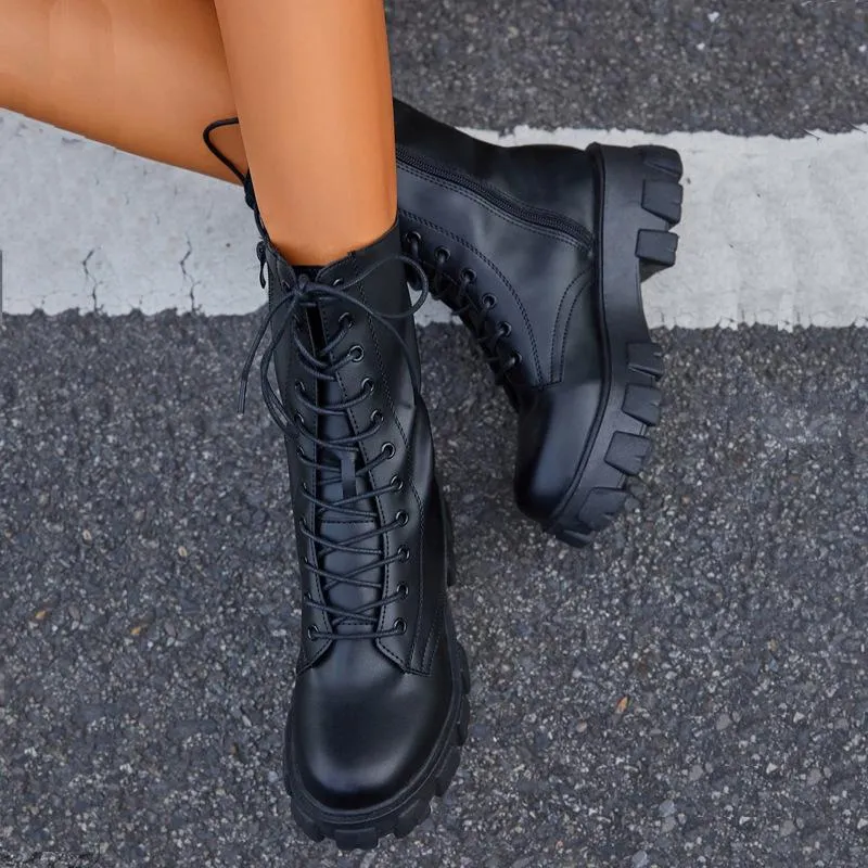 Women criss cross lace up side zipper chunky platform combat boots