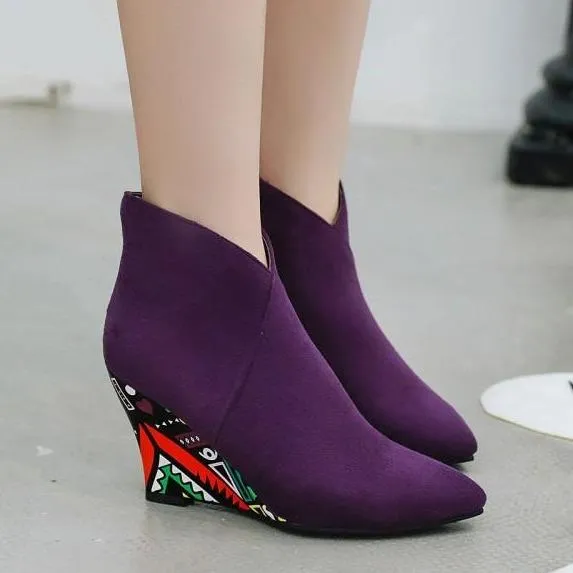 Women fashion v cut pointed toe side zipper ankle wedge boots