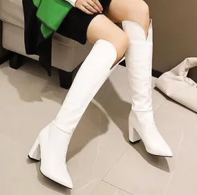 Women fashion v cut snakeskin chunky high heel knee high boots