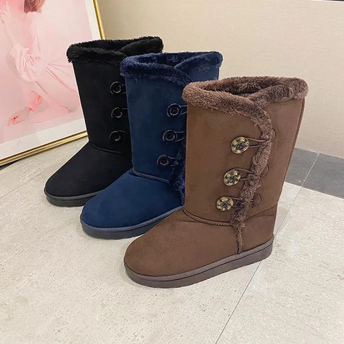 Women flatform mid calf buttons faux fur warm winter snow boots