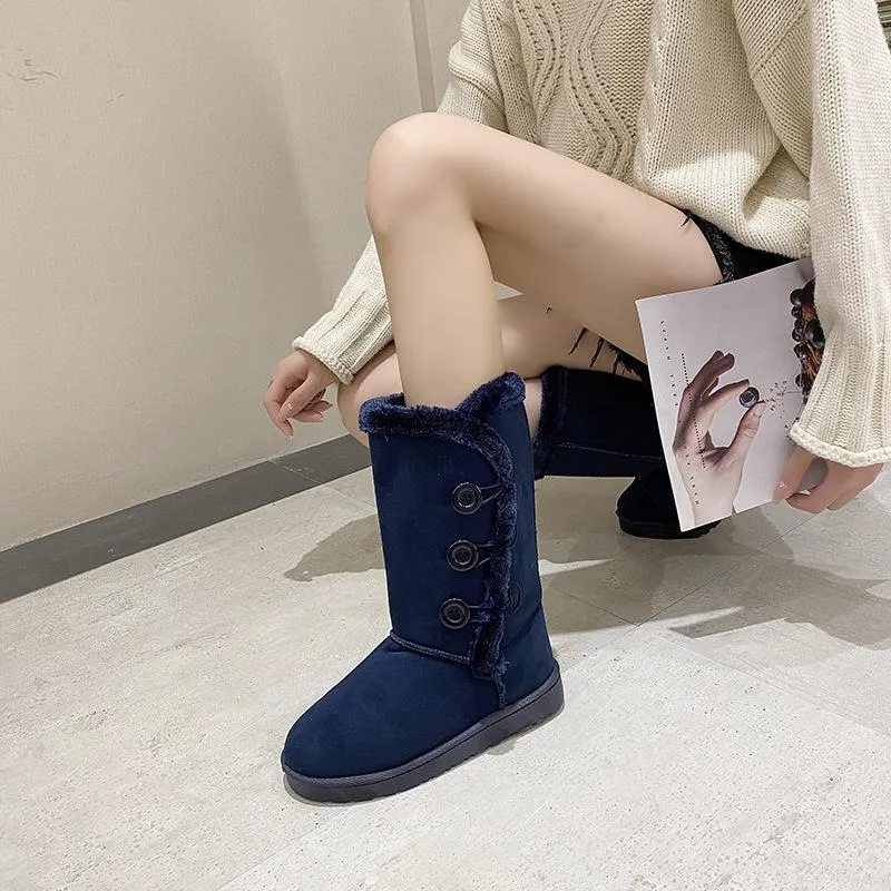 Women flatform mid calf buttons faux fur warm winter snow boots