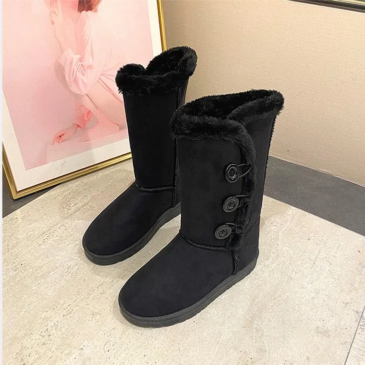 Women flatform mid calf buttons faux fur warm winter snow boots