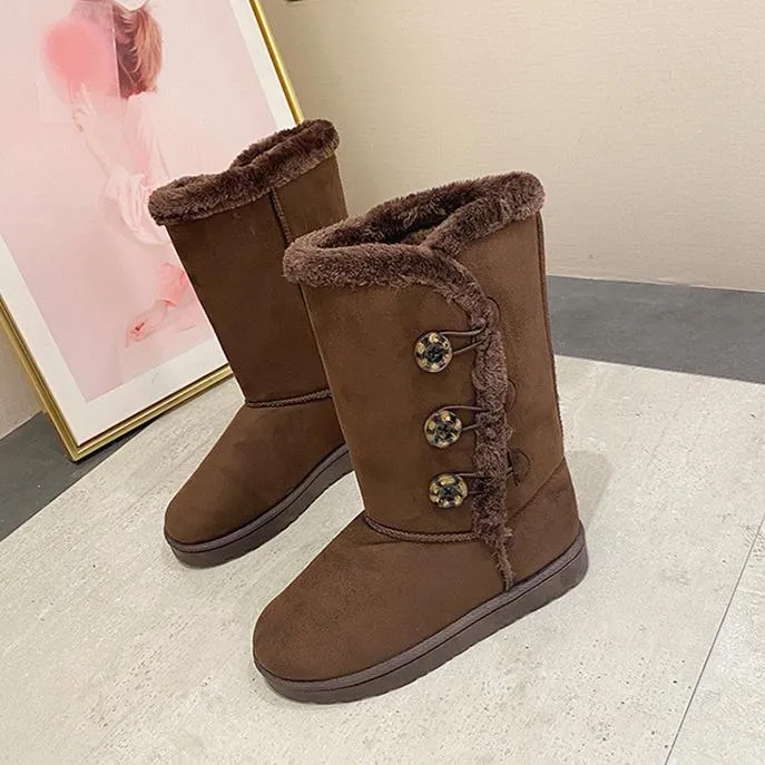 Women flatform mid calf buttons faux fur warm winter snow boots