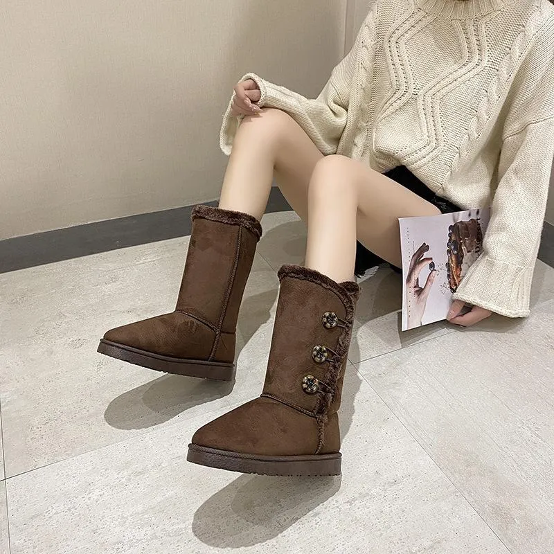 Women flatform mid calf buttons faux fur warm winter snow boots