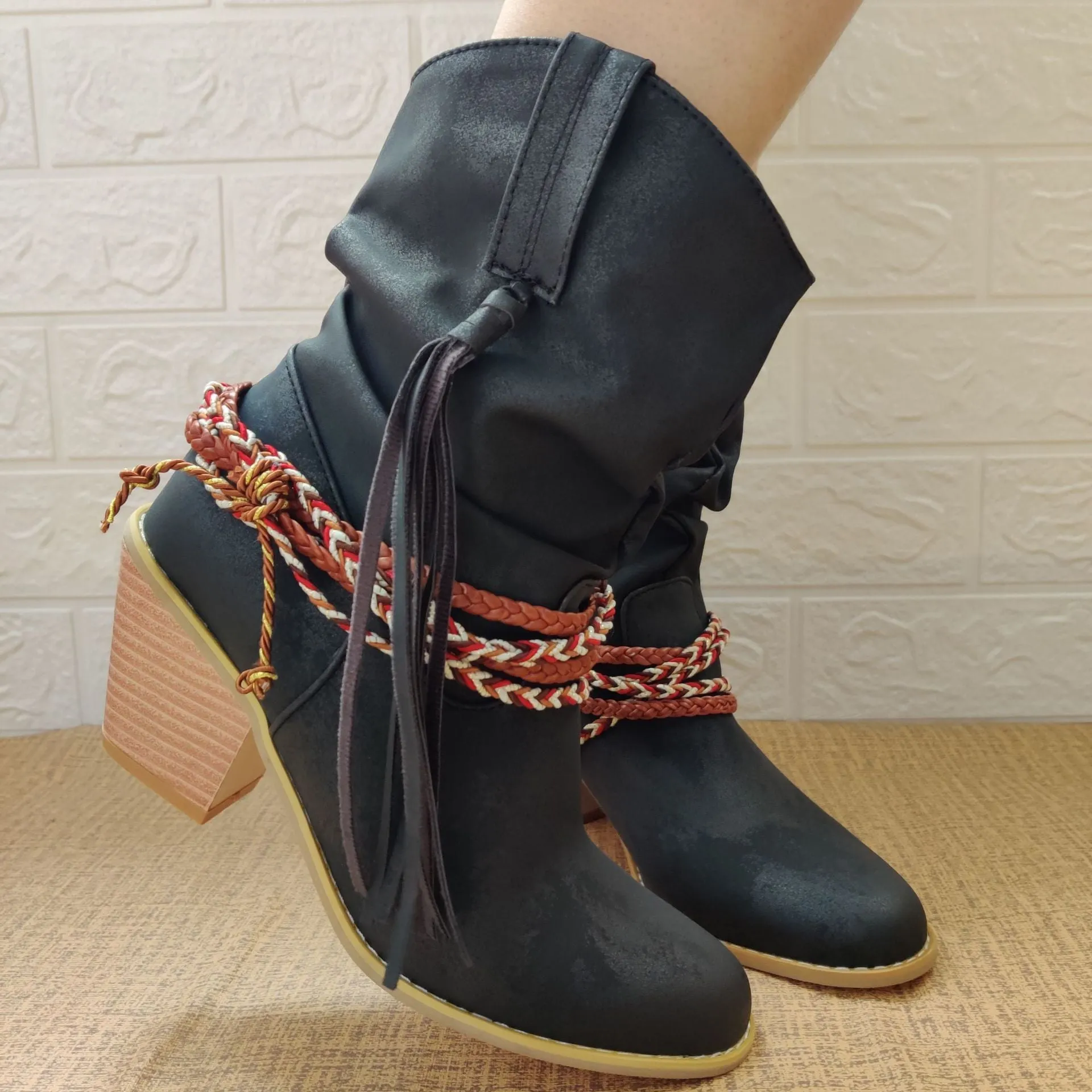 Women fringed woven strap chunky heel short cowboy boots