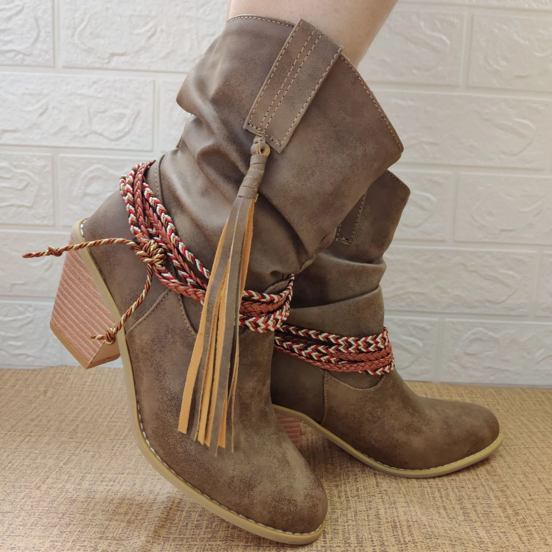 Women fringed woven strap chunky heel short cowboy boots