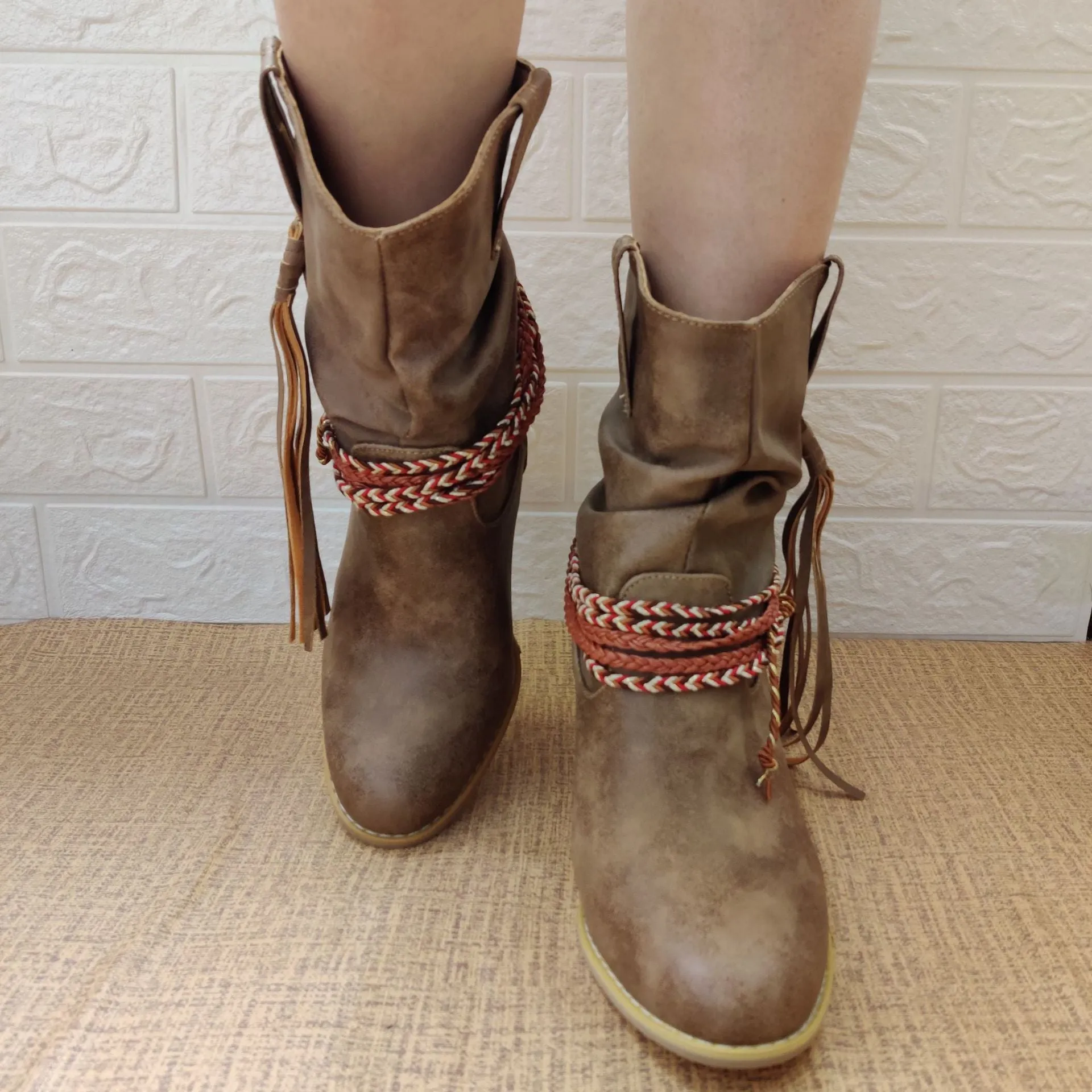 Women fringed woven strap chunky heel short cowboy boots