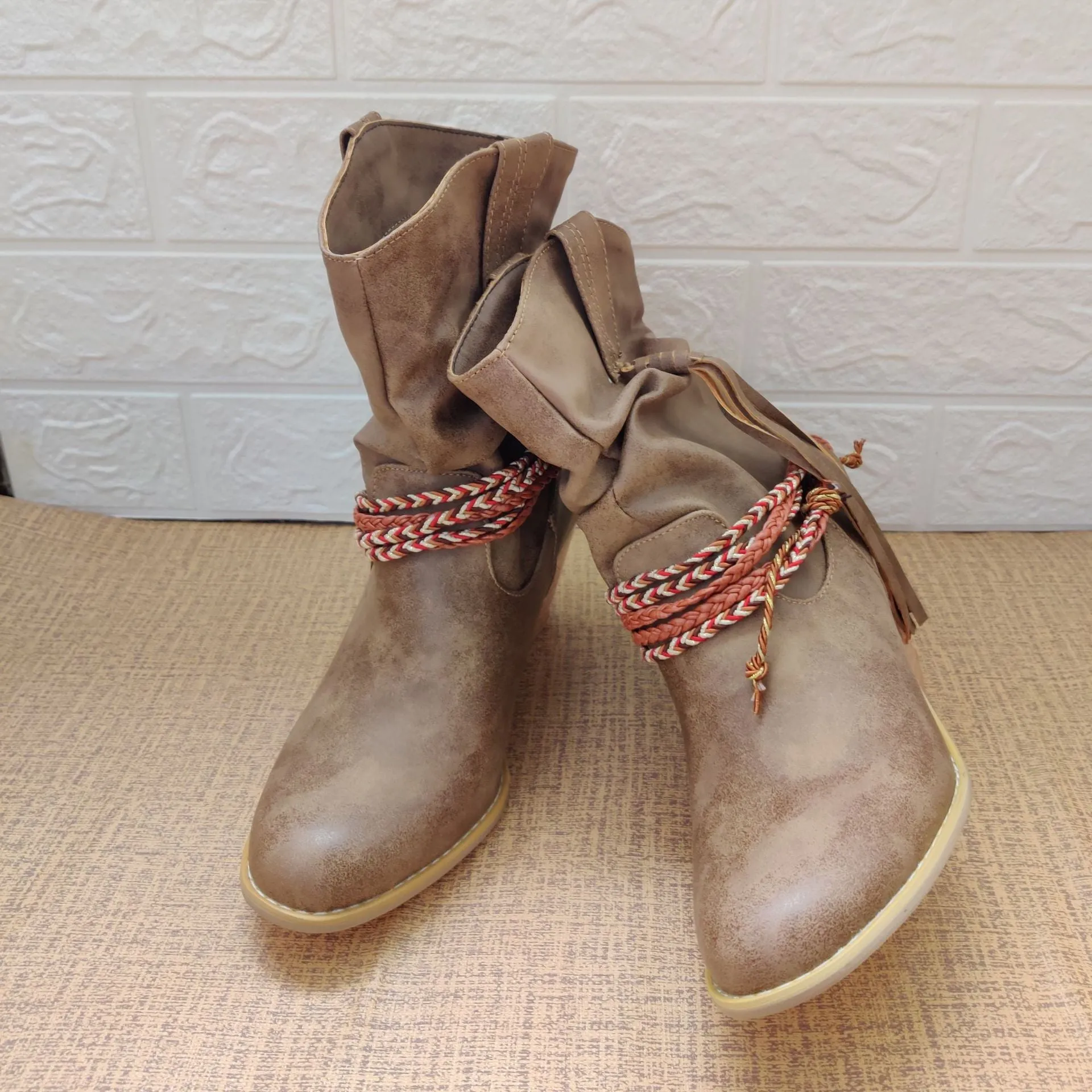 Women fringed woven strap chunky heel short cowboy boots