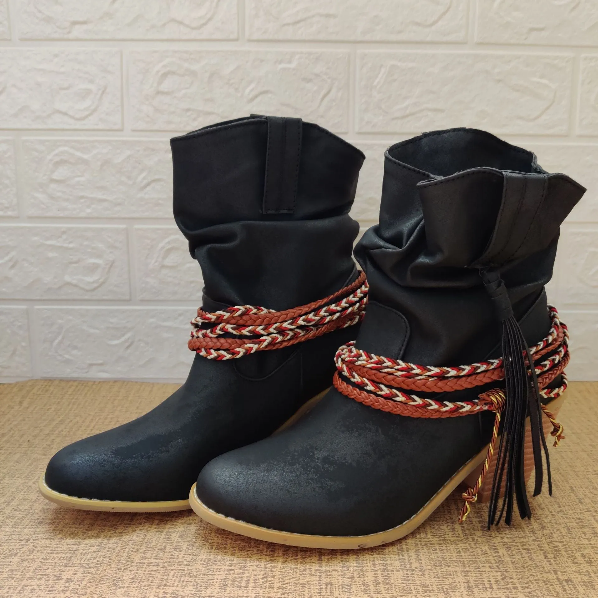 Women fringed woven strap chunky heel short cowboy boots