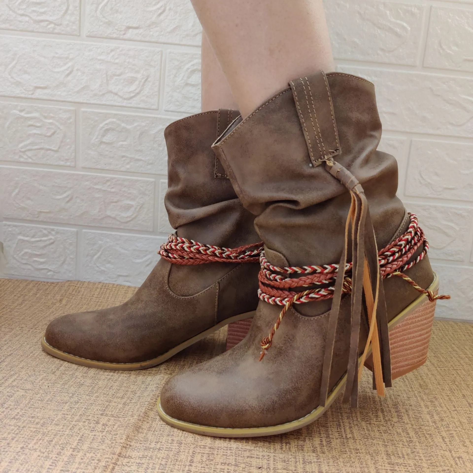 Women fringed woven strap chunky heel short cowboy boots