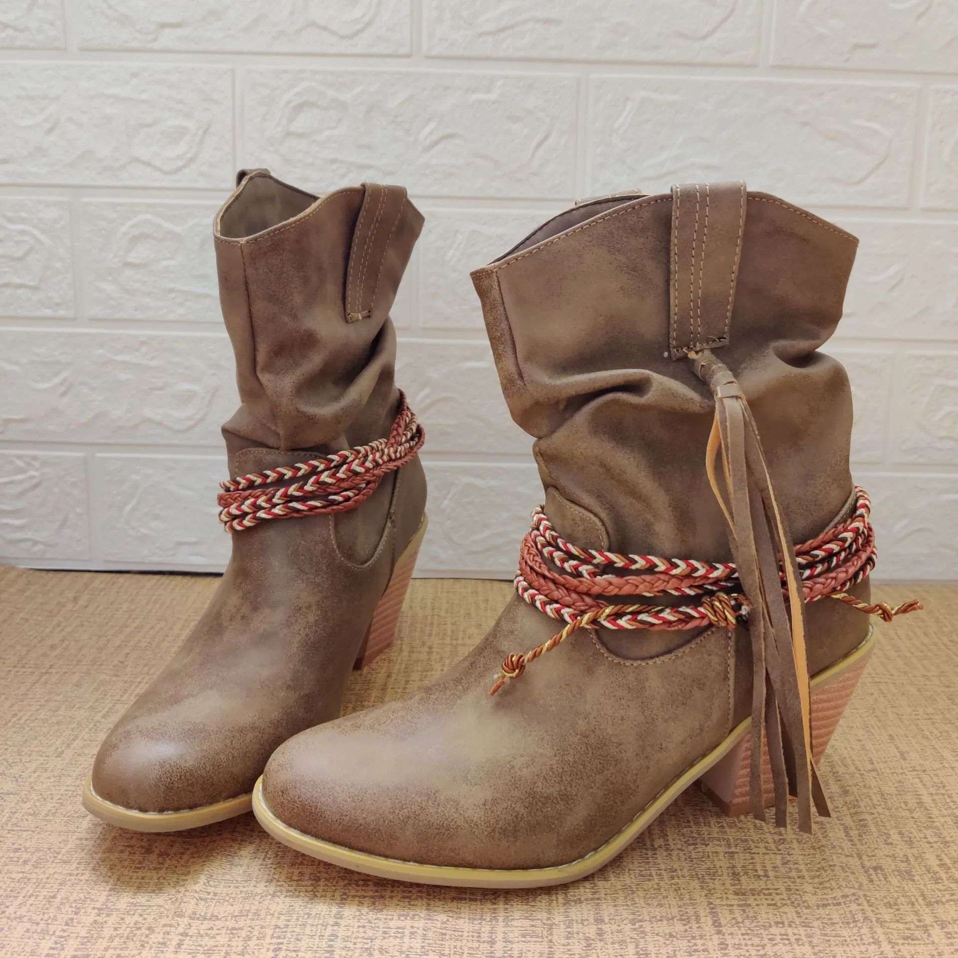 Women fringed woven strap chunky heel short cowboy boots