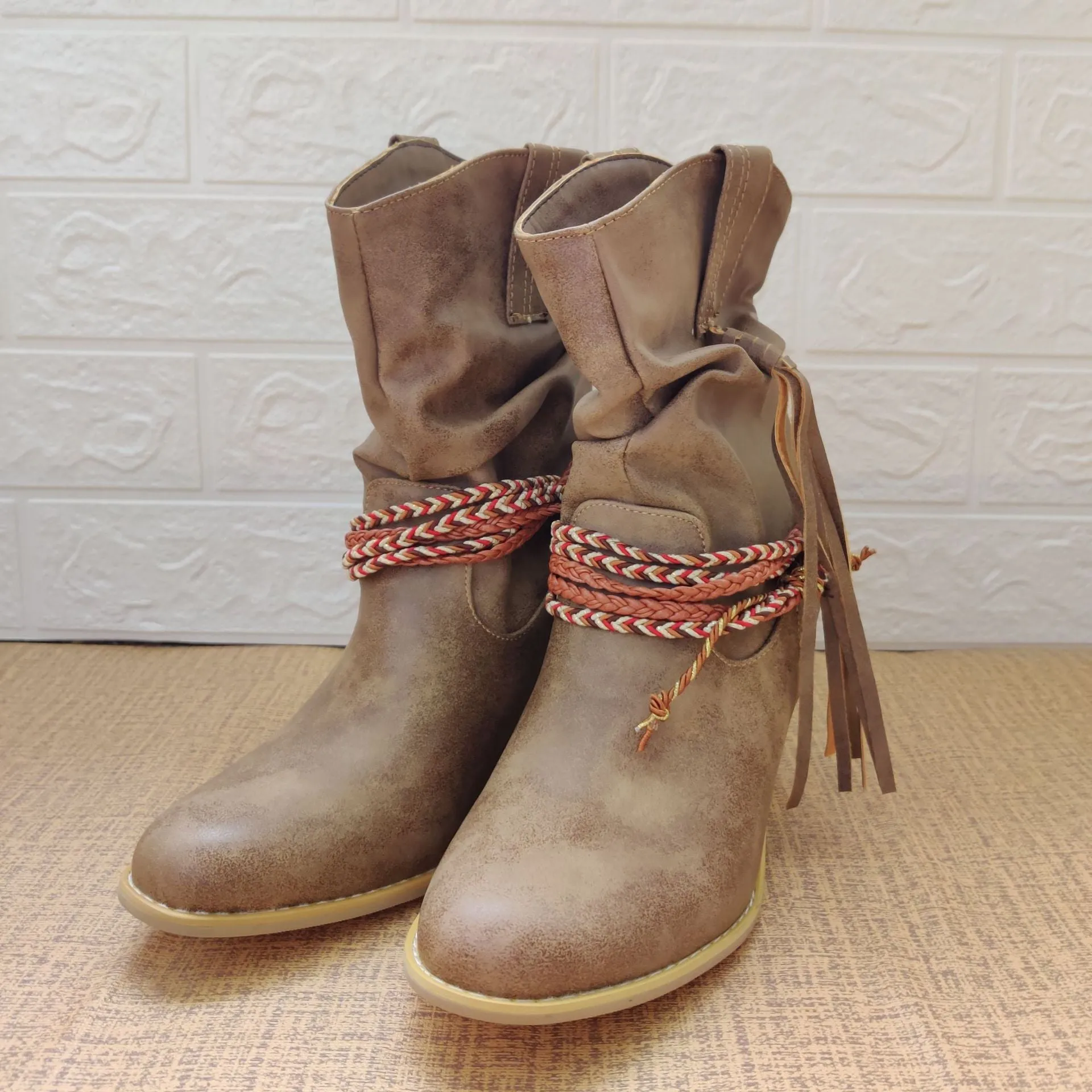 Women fringed woven strap chunky heel short cowboy boots