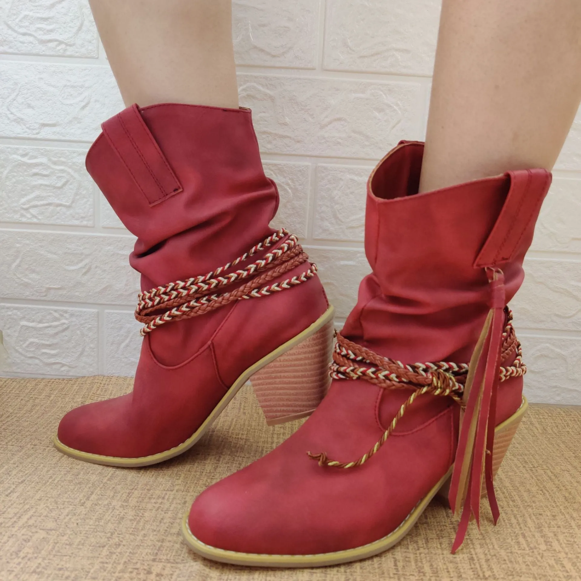 Women fringed woven strap chunky heel short cowboy boots