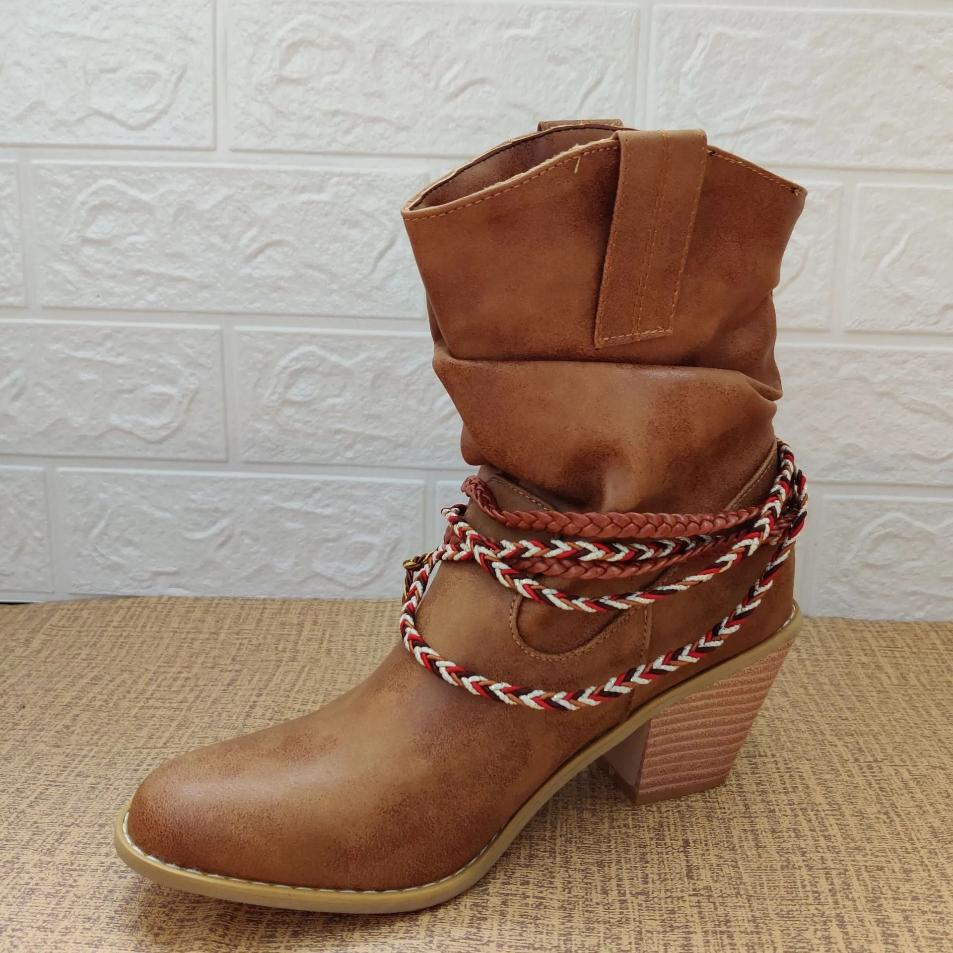 Women fringed woven strap chunky heel short cowboy boots