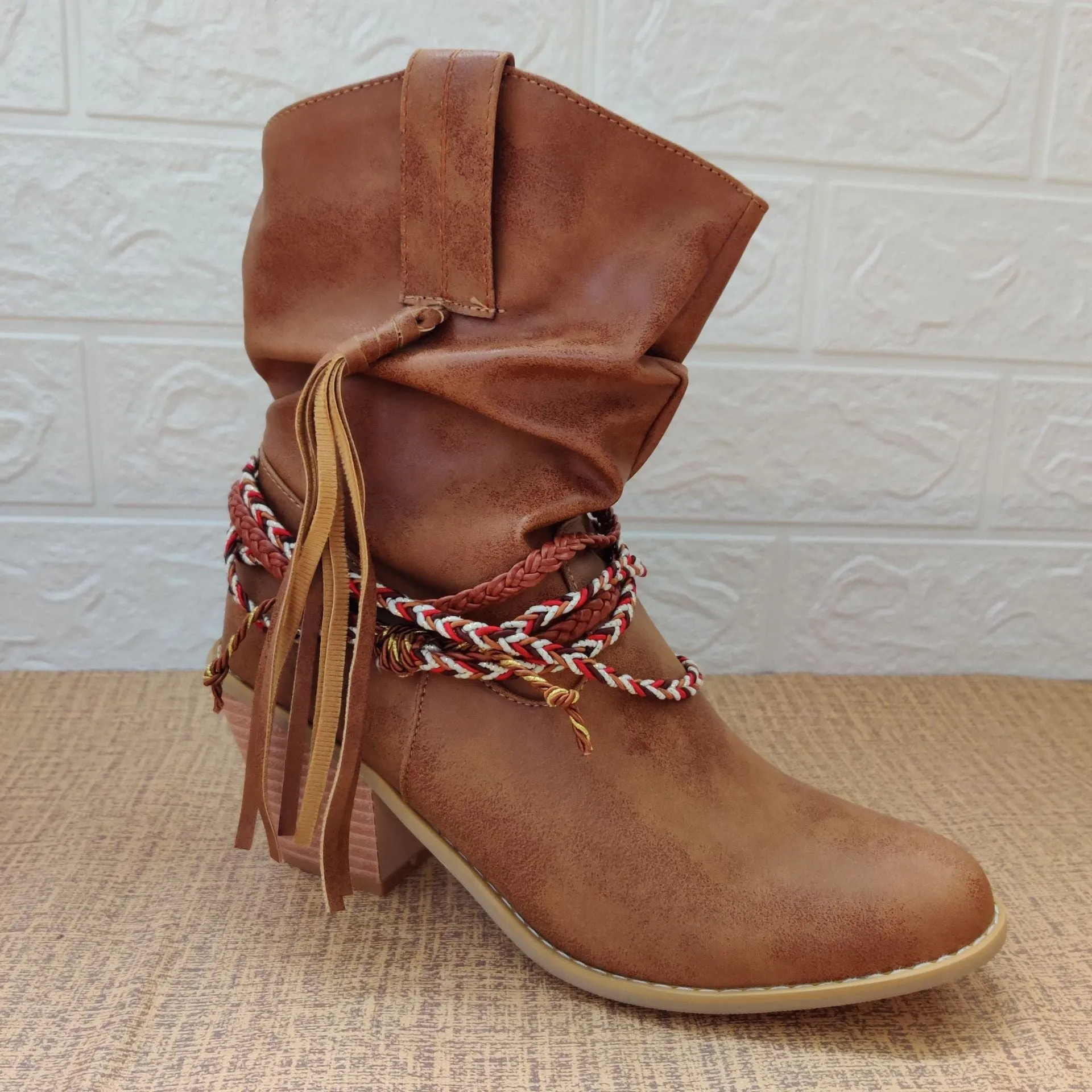 Women fringed woven strap chunky heel short cowboy boots