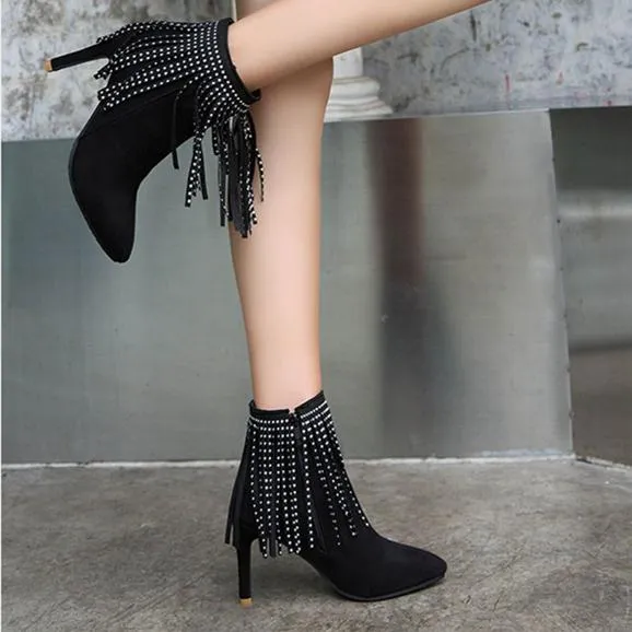 Women glitter fringed pointed stiletto high heel short boots