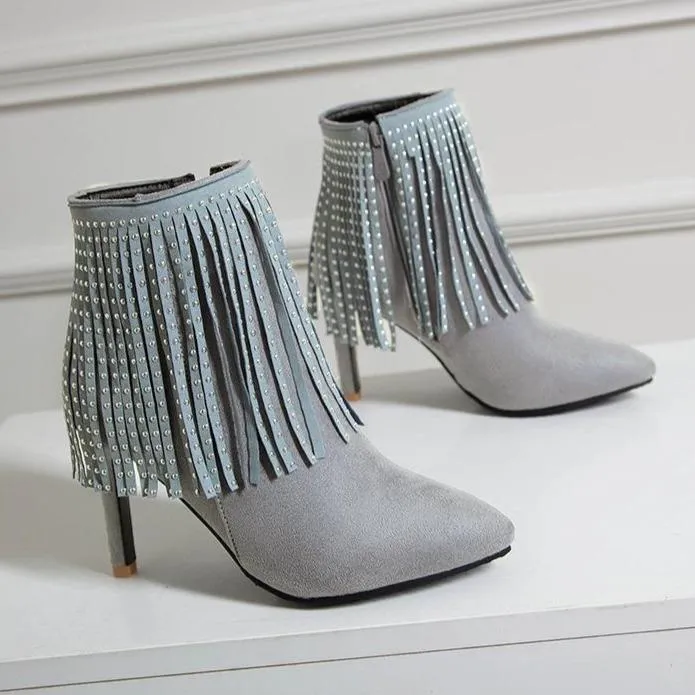 Women glitter fringed pointed stiletto high heel short boots