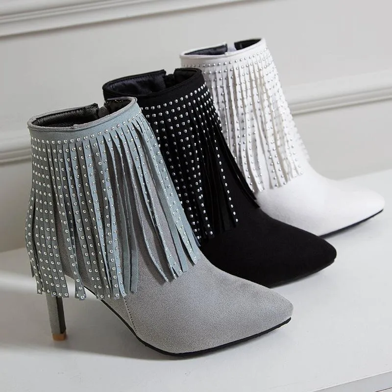 Women glitter fringed pointed stiletto high heel short boots