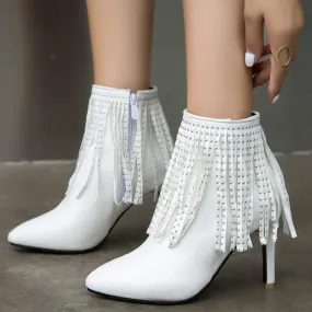 Women glitter fringed pointed stiletto high heel short boots