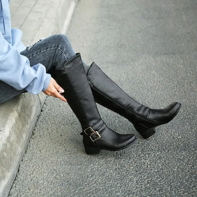 Women knee high side zipper buckle strap solid color motorcycle boots