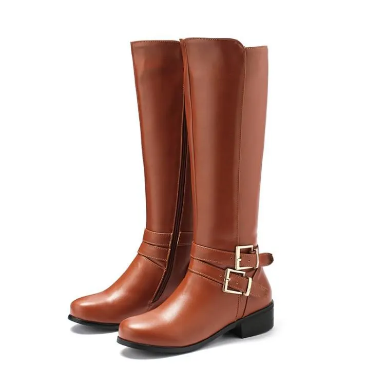 Women knee high side zipper buckle strap solid color motorcycle boots