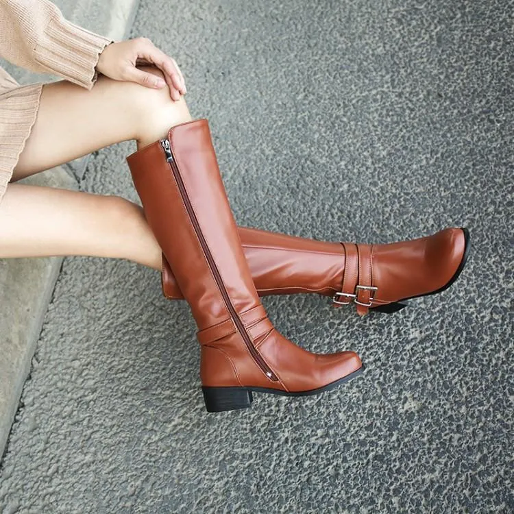 Women knee high side zipper buckle strap solid color motorcycle boots