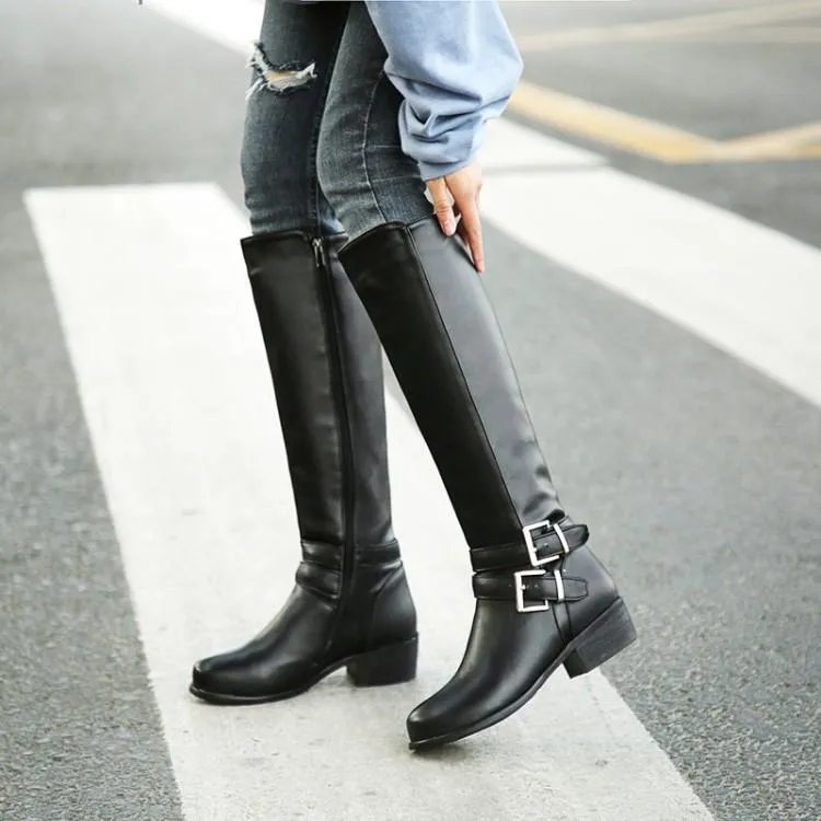 Women knee high side zipper buckle strap solid color motorcycle boots