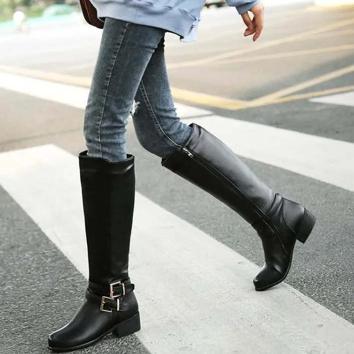 Women knee high side zipper buckle strap solid color motorcycle boots