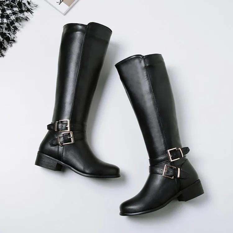 Women knee high side zipper buckle strap solid color motorcycle boots