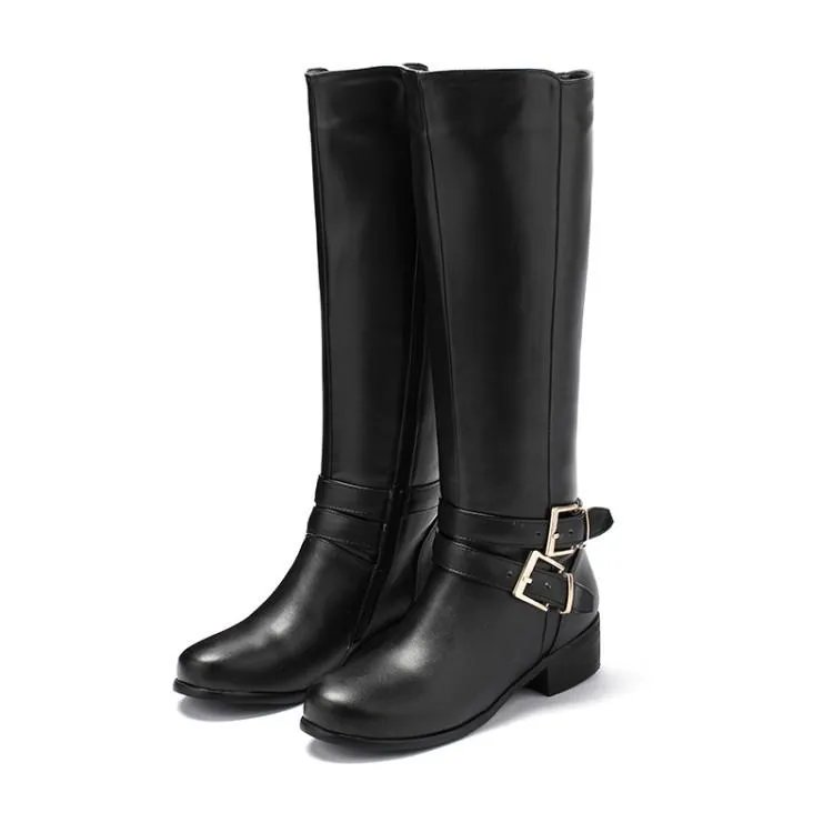 Women knee high side zipper buckle strap solid color motorcycle boots