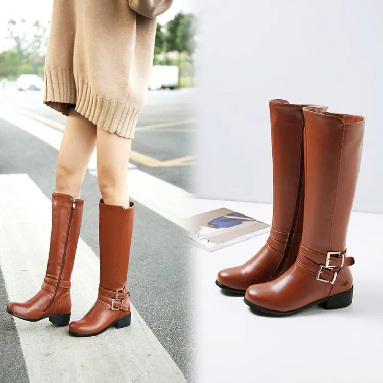 Women knee high side zipper buckle strap solid color motorcycle boots