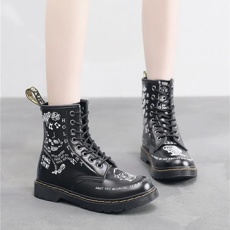 Women letters cartoon printed chunky platform lace up motorcyle boots