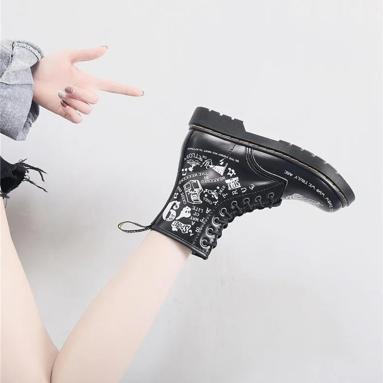 Women letters cartoon printed chunky platform lace up motorcyle boots