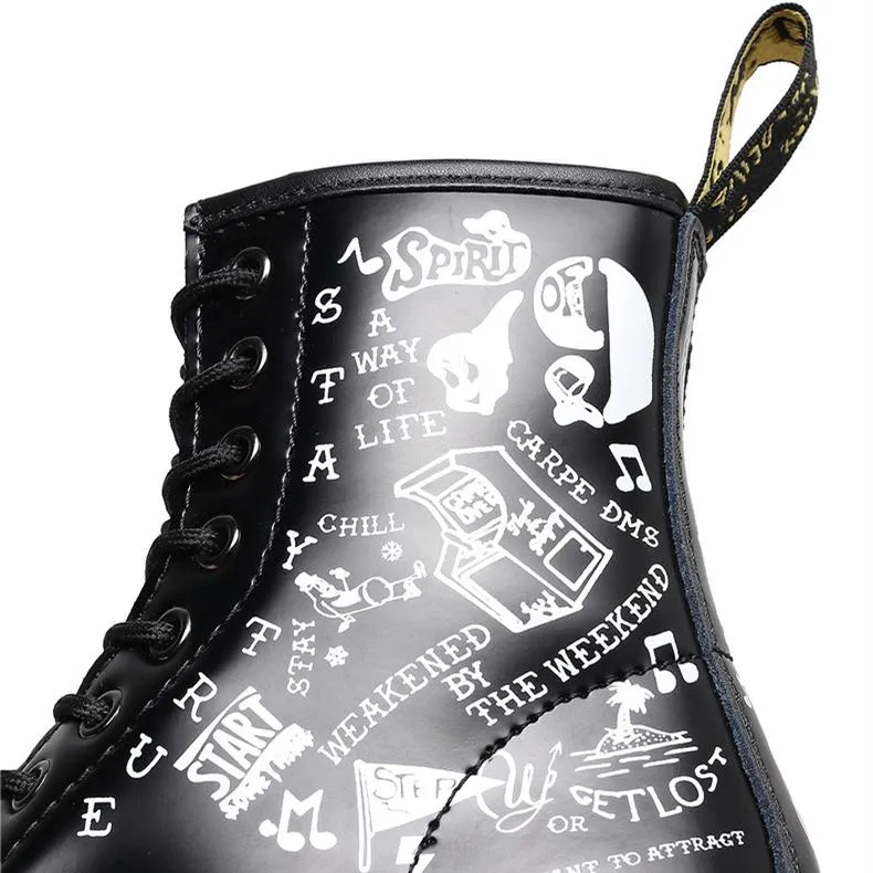 Women letters cartoon printed chunky platform lace up motorcyle boots