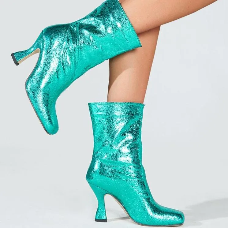 Women mid calf sequin stiletto high heel square toed boots