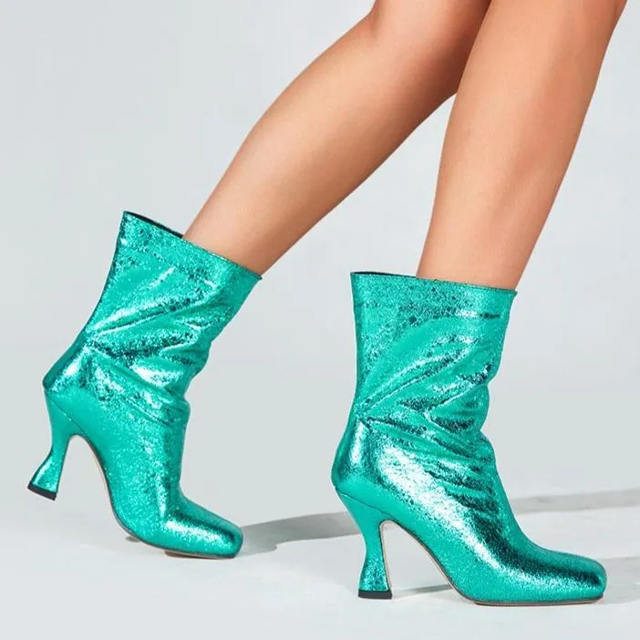 Women mid calf sequin stiletto high heel square toed boots