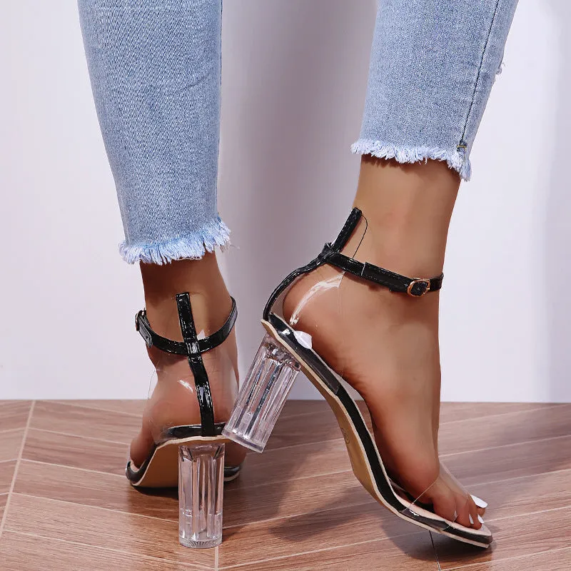 Women peep toe buckle strap hollow chunky clear heels