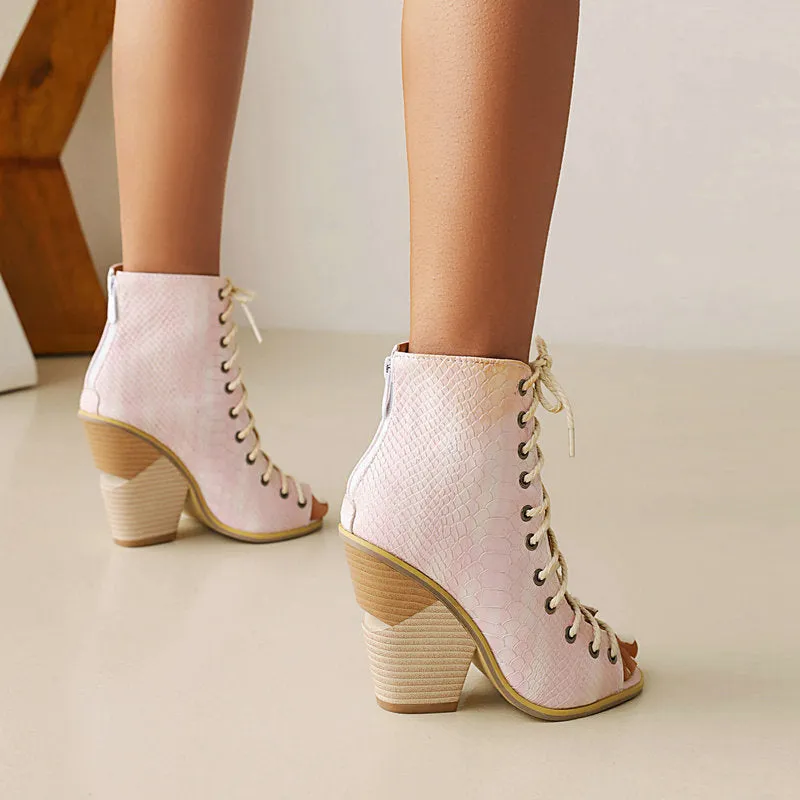 Women peep toe criss cross lace up chunky high heels