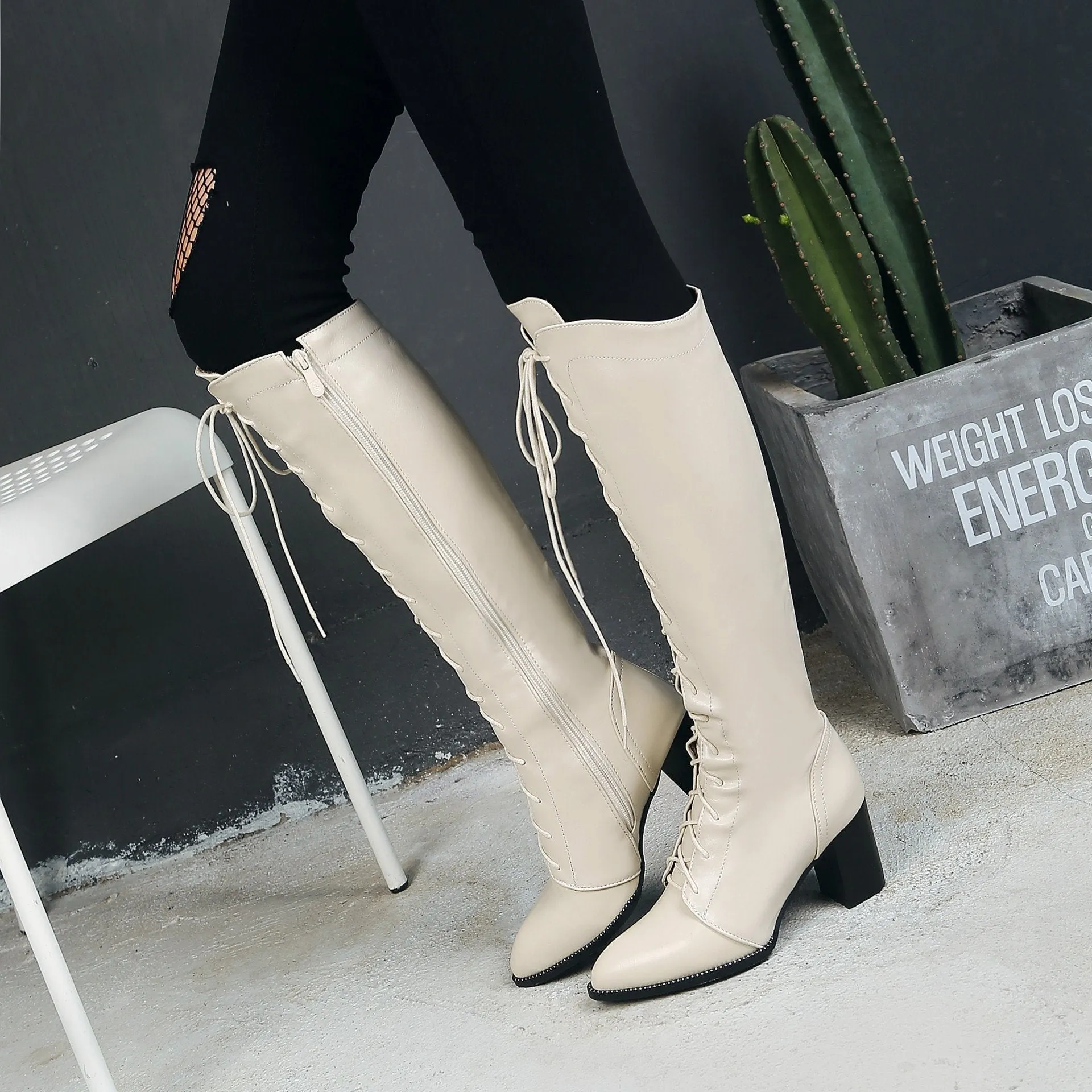 Women pointed toe chunky high heel lace up knee high boots