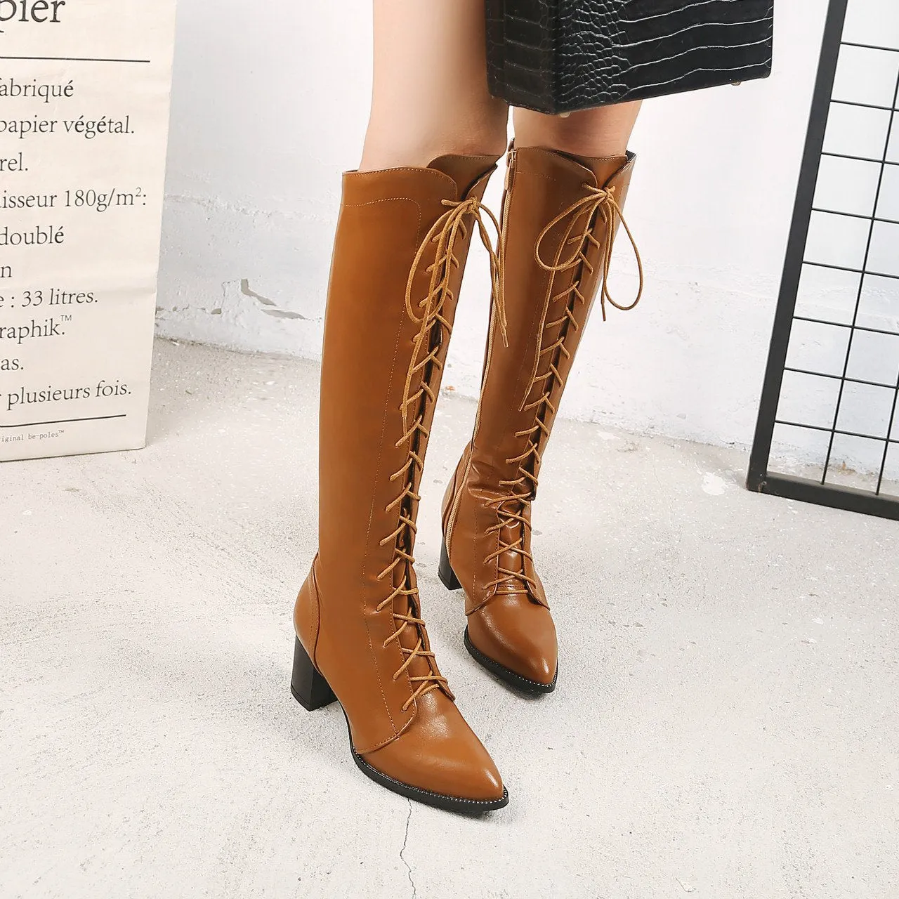 Women pointed toe chunky high heel lace up knee high boots