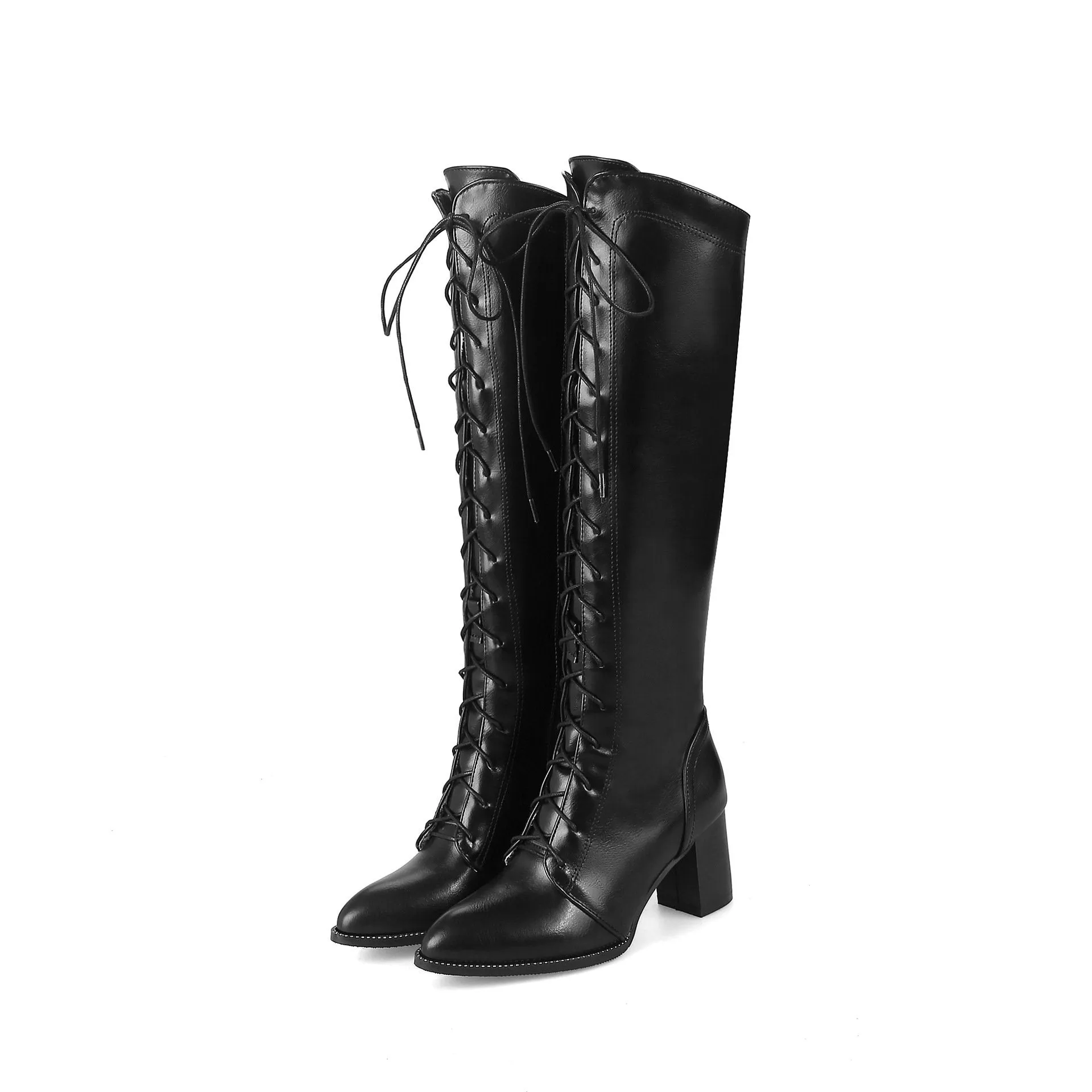 Women pointed toe chunky high heel lace up knee high boots