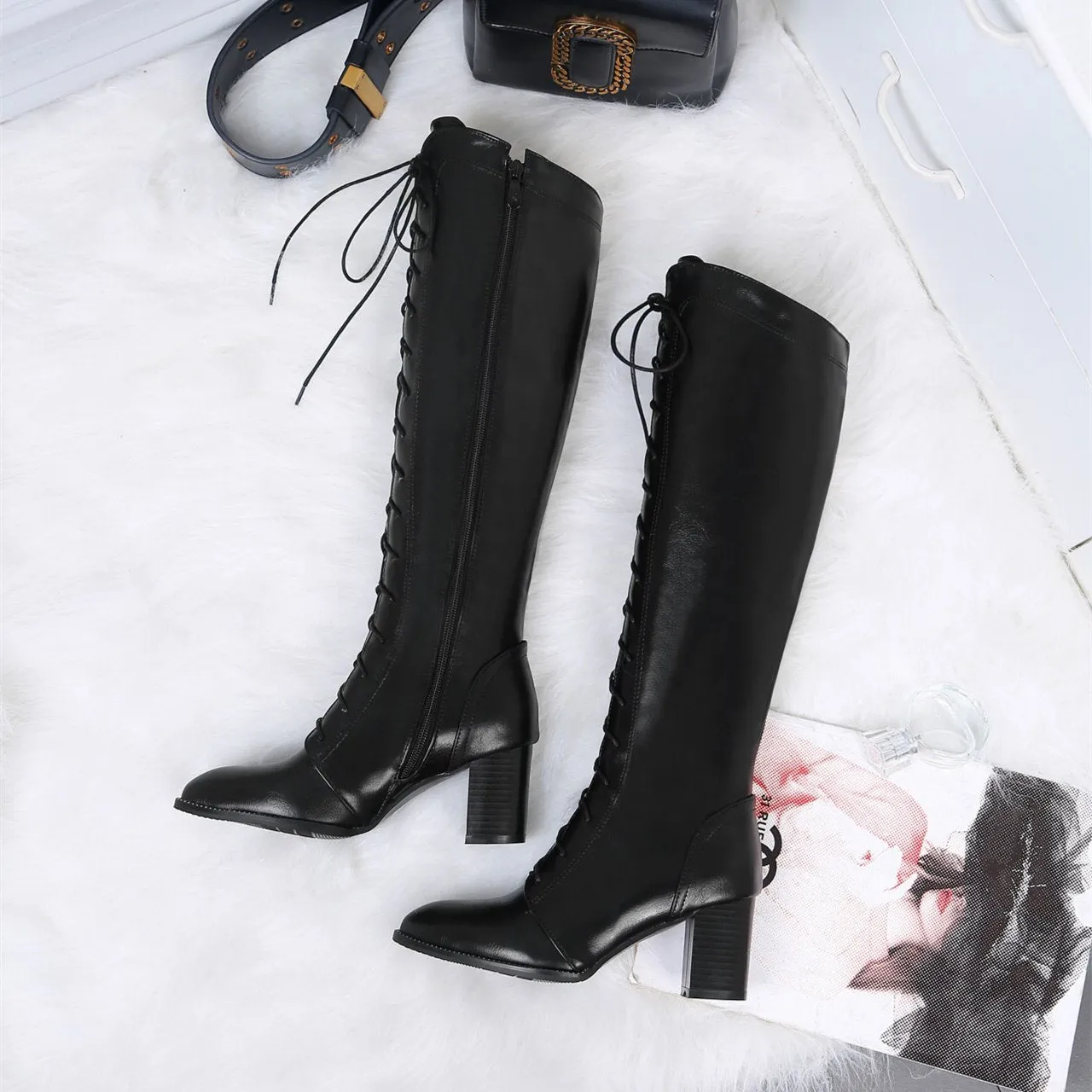 Women pointed toe chunky high heel lace up knee high boots