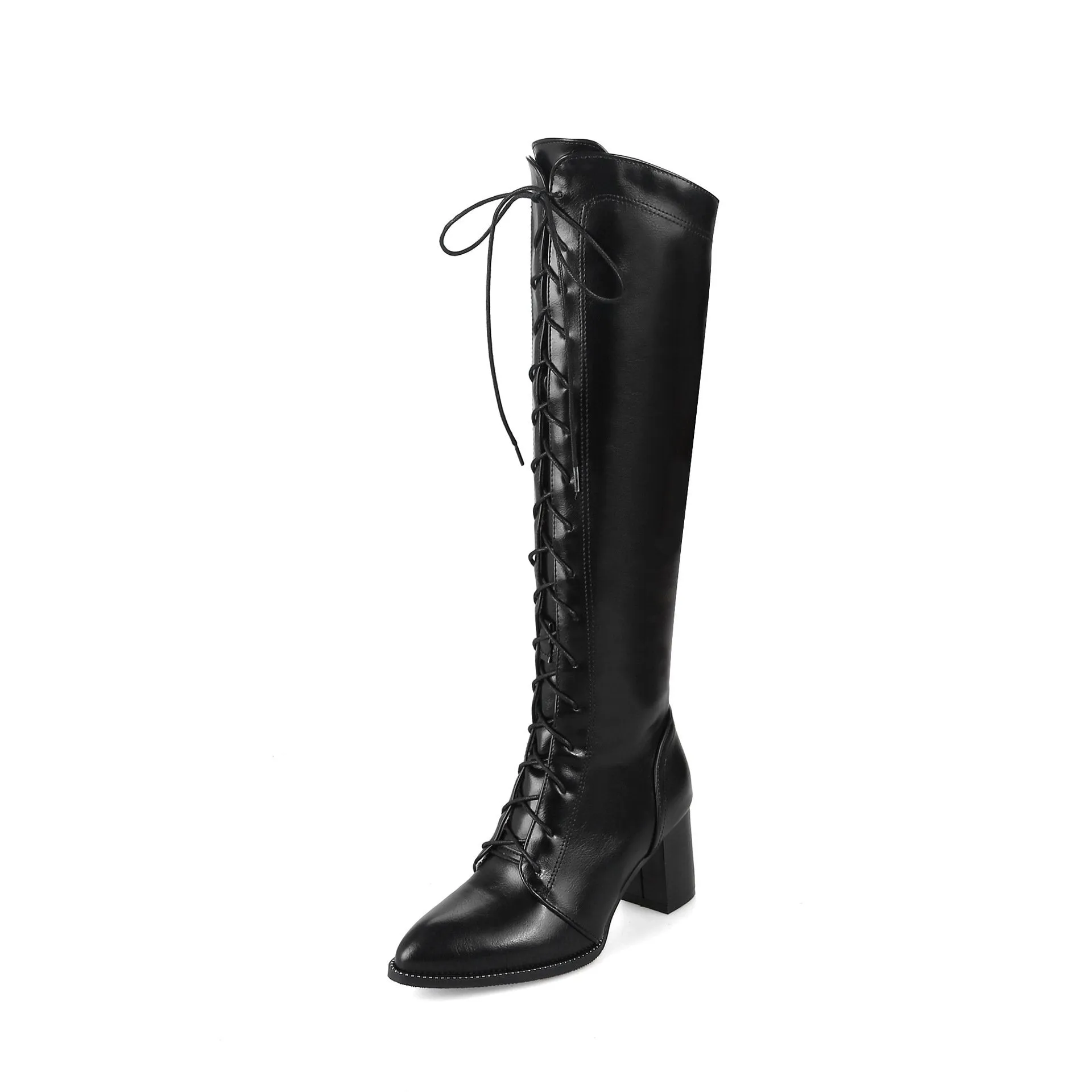 Women pointed toe chunky high heel lace up knee high boots